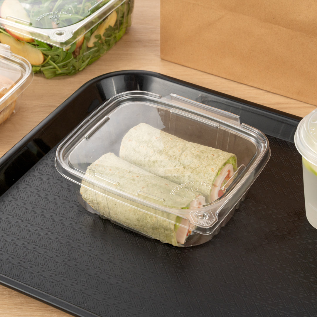Tamper Tek 32 oz Rectangle Clear Plastic Container - with Hinged Lid, Tamper-Evident - 6 1/2" x 4 1/2" x 2 1/2" - 100 count box