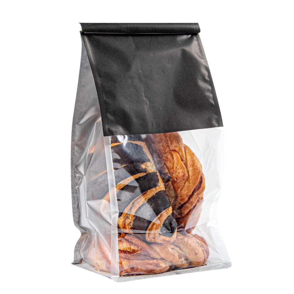 Bag Tek Black Cotton Paper Tin Tie Bag - with Clear Window - 5" x 4" x 11 1/4" - 1000 count box