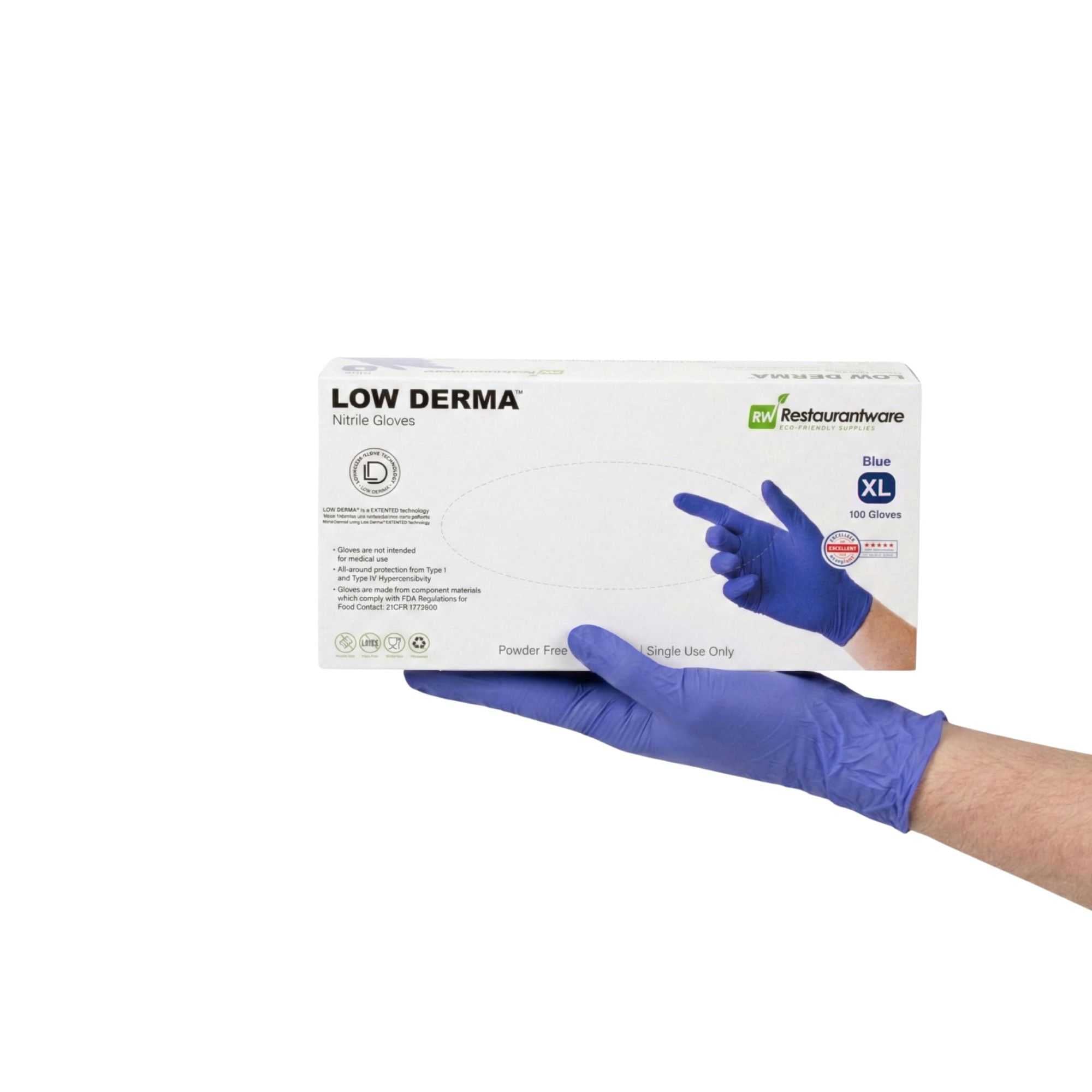 Low Derma Blue Extra Large Nitrile Gloves - Hypoallergenic, Non-Sterile, Powder-Free - 1000 count box