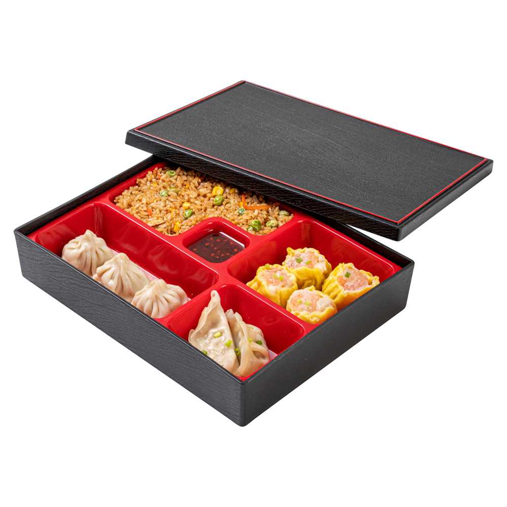 Bento Tek Rectangle Black and Red Small Japanese Style Bento Box - 5 Compartments - 10 3/4" x 8 1/4" x 2 1/4" - 20 count box