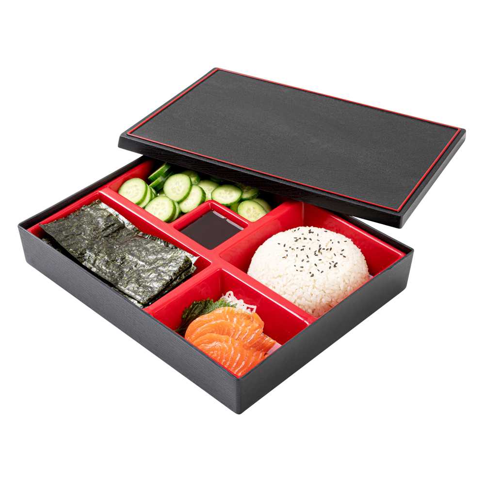 Bento Tek Rectangle Black and Red Large Japanese Style Bento Box - 5 Compartments - 12 1/4" x 9 3/4" x 2 1/4" - 20 count box