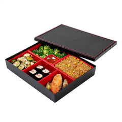 Bento Tek Rectangle Black and Red Large Japanese Style Bento Box - 6 Compartments - 12 1/4