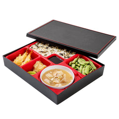 Bento Tek Rectangle Black and Red Large Japanese Style Bento Box - 6 Compartments, with Bowl - 12 1/4