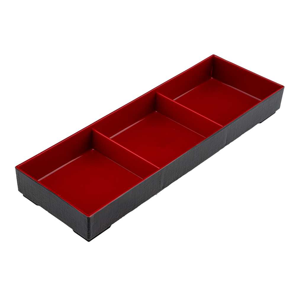Bento Tek Black and Red Japanese Style Bento Tray - 3 Compartments - 14" x 4 3/4" x 1 3/4" - 50 count box