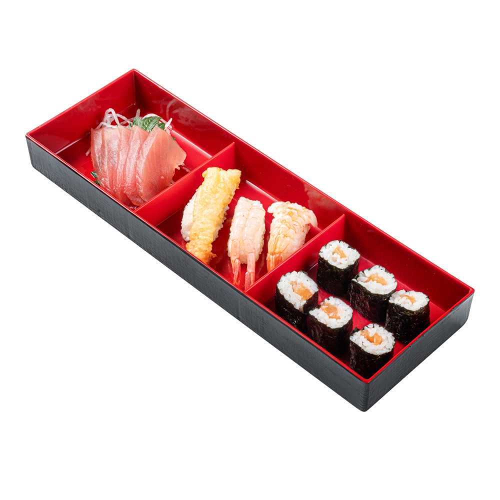 Bento Tek Rectangle Black and Red Japanese Style Bento Box - 3 Compartments - 14" x 4 3/4" x 2 1/4" - 30 count box