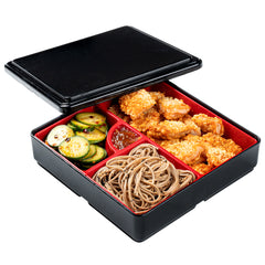 Bento Tek Square Black and Red Japanese Style Bento Box - 4 Compartments - 8 1/4
