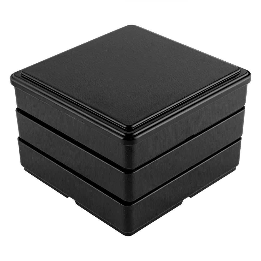 Bento Tek Square Black and Red Japanese Style Bento Box - 4 Compartments, 3 Layers - 8 1/4" x 8 1/4" x 6" - 12 count box