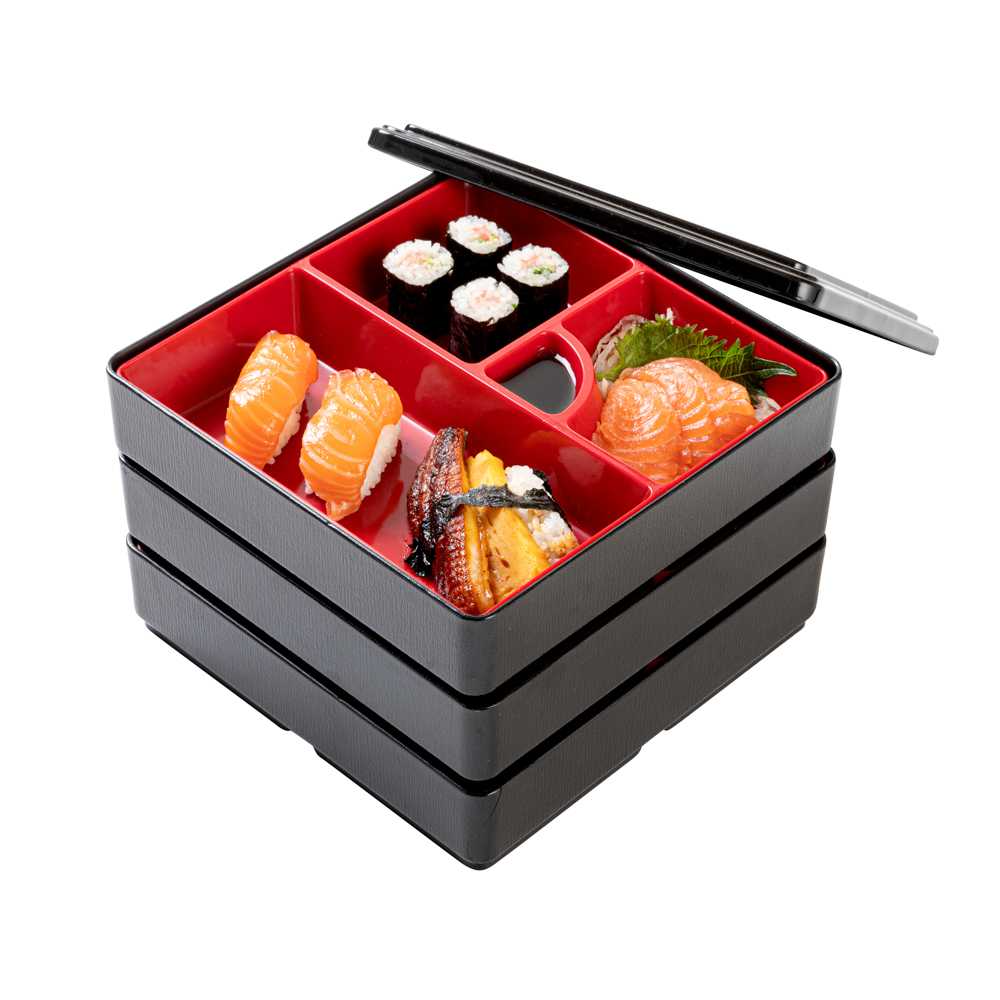 Bento Tek Square Black and Red Japanese Style Bento Box - 4 Compartments, 3 Layers - 8 1/4" x 8 1/4" x 6" - 12 count box