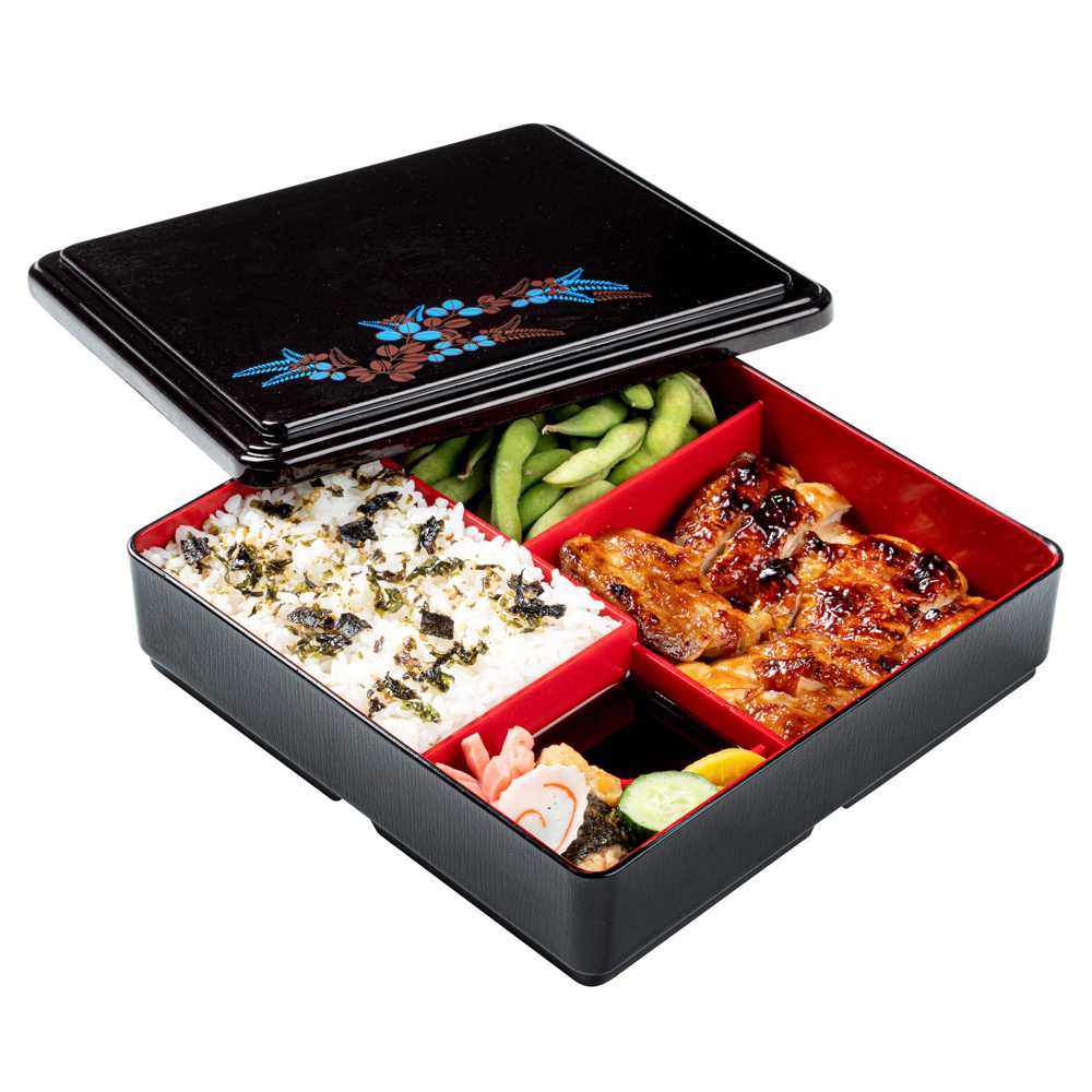 Bento Tek Square Black and Red Japanese Style Bento Box - 5 Compartments - 8 1/4" x 8 1/4" x 2 1/4" - 24 count box