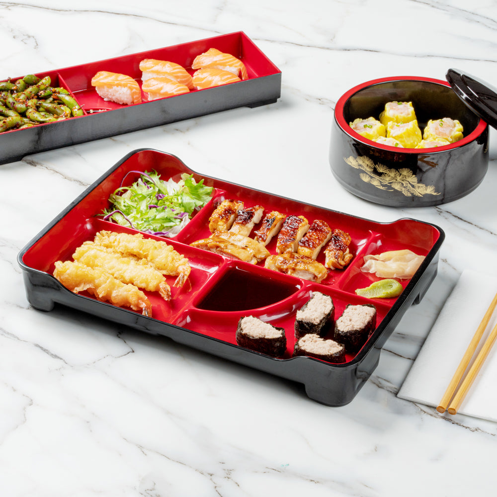 Bento Tek Black and Red Japanese Style Bento Plate - 5 Compartments - 14" x 9" x 2" - 1 count box