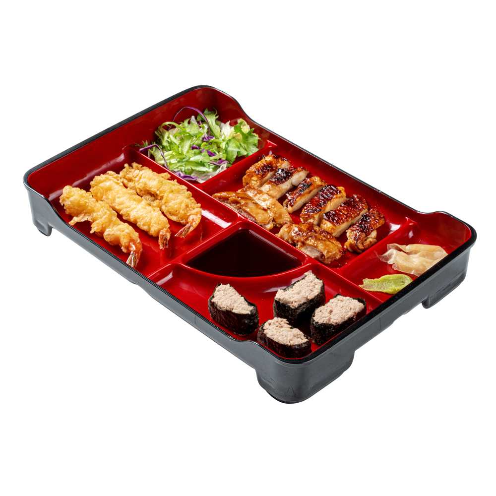 Bento Tek Black and Red Japanese Style Bento Plate - 5 Compartments - 14" x 9" x 2" - 24 count box