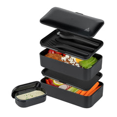 Bento Tek 41 oz Black Buddha Box All-in-One Lunch Box - with Utensils, Sauce Cup - 7 1/4