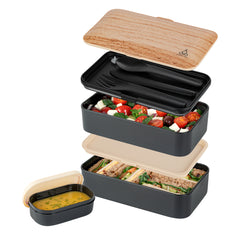 Bento Tek 41 oz Wood Grain and Black Buddha Box All-in-One Lunch Box - with Utensils, Sauce Cup - 7 1/4