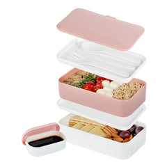 Bento Tek 41 oz Pink and White Buddha Box All-in-One Lunch Box - with Utensils, Sauce Cup - 7 1/4
