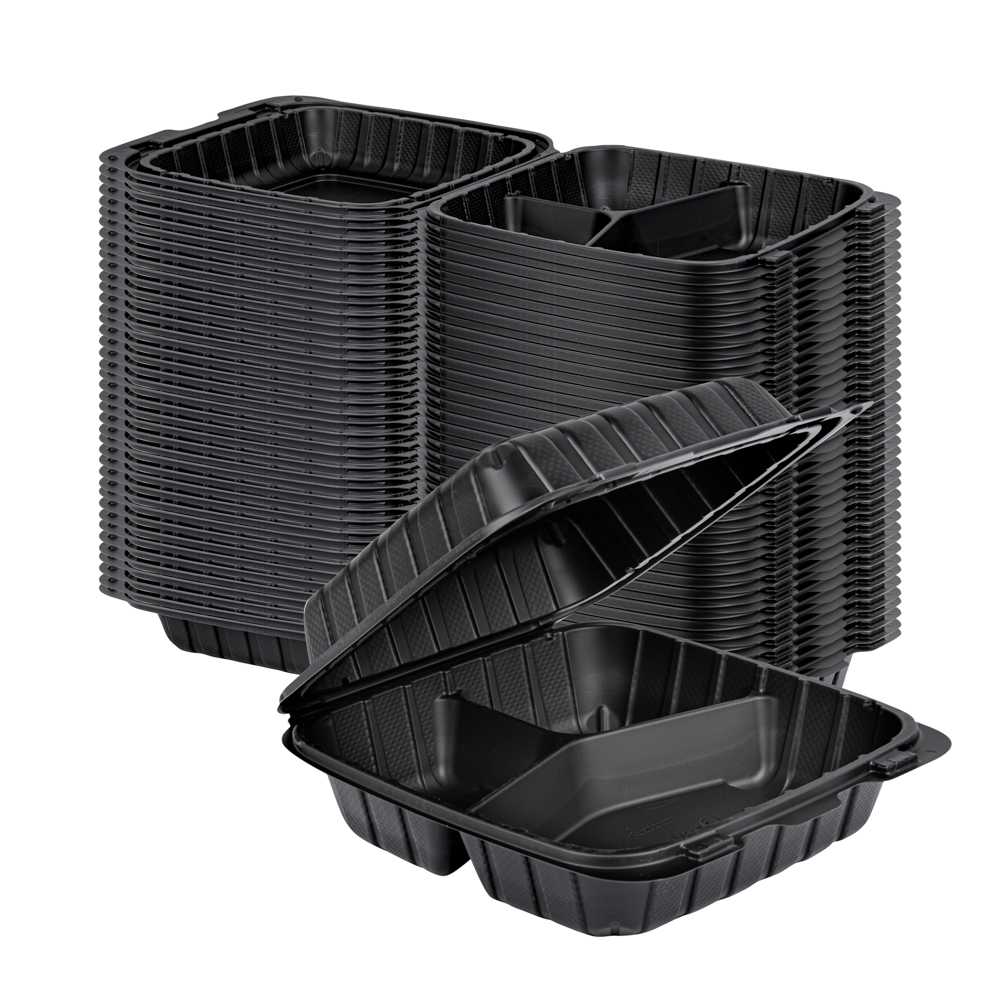 Thermo Tek 28 oz Black Mineral-Filled Plastic Clamshell Container - 3 Compartments - 8" x 8" x 3" - 10 count box