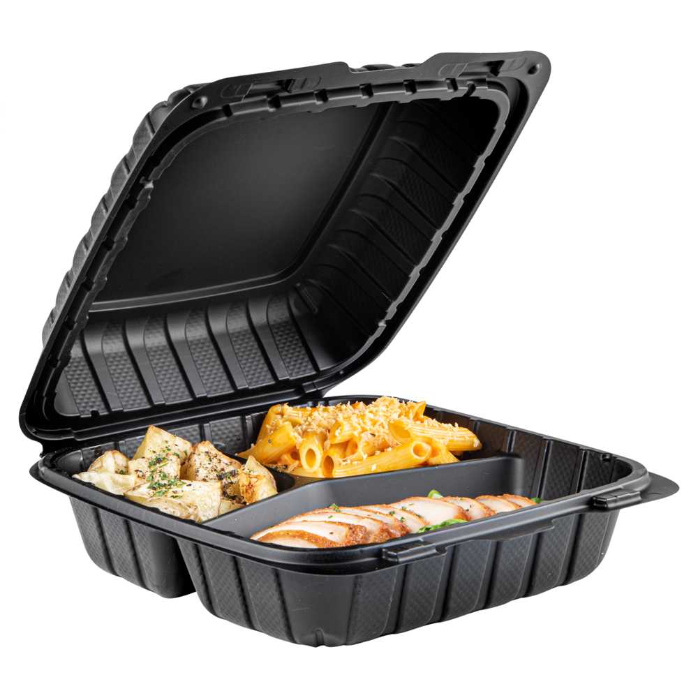 Thermo Tek 28 oz Black Mineral-Filled Plastic Clamshell Container - 3 Compartments - 8" x 8" x 3" - 10 count box