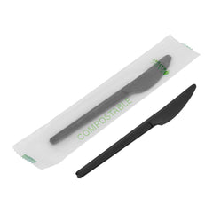 Basic Nature Black CPLA Plastic Knife - Compostable Wrapper, Heat-Resistant - 6 1/2