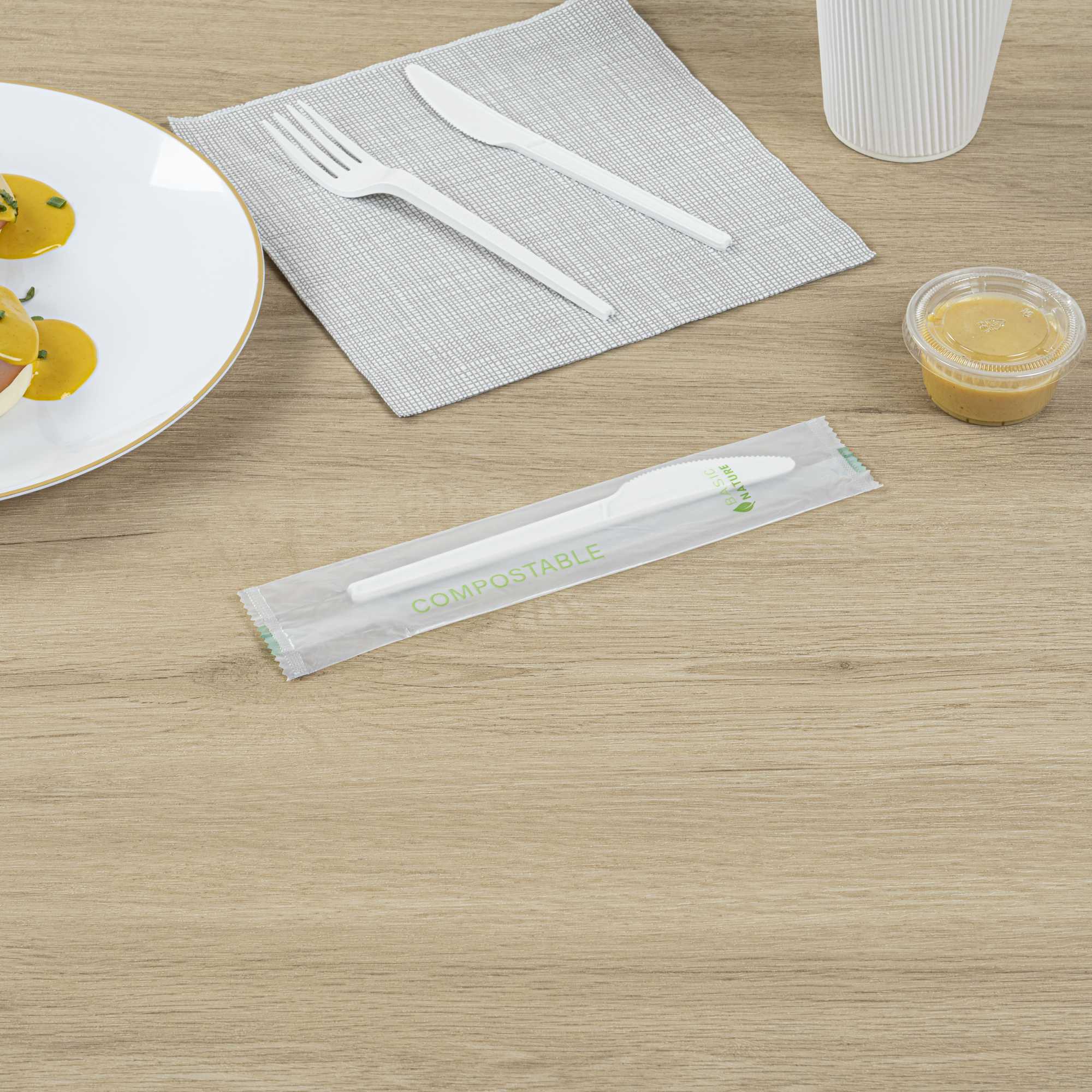 Basic Nature White CPLA Plastic Knife - Compostable Wrapper, Heat ...