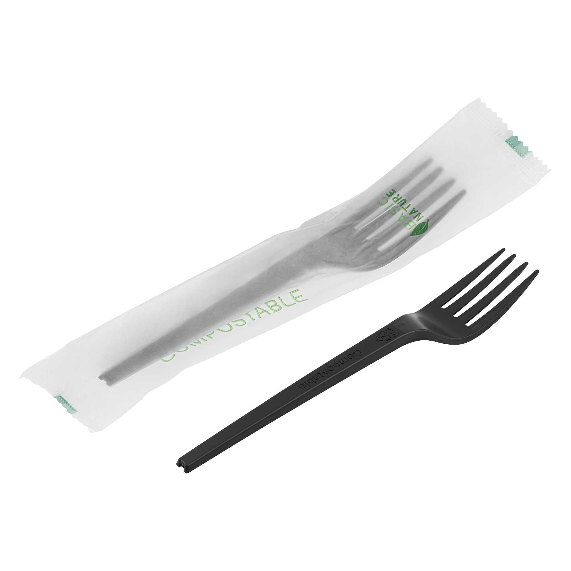 Basic Nature Black CPLA Plastic Fork - Compostable Wrapper, Heat-Resistant - 6 1/2" - 50 count box