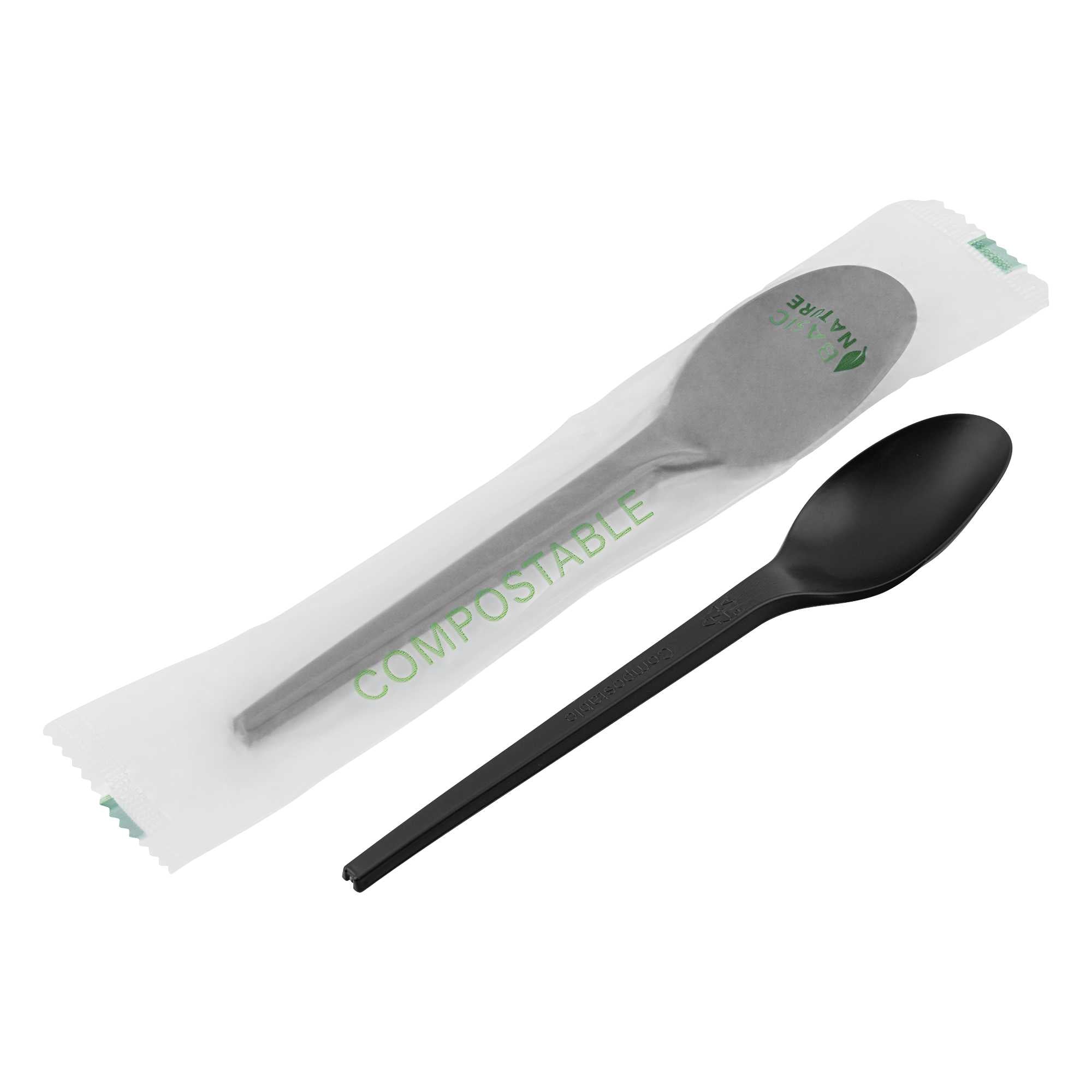 Basic Nature Black CPLA Plastic Spoon - Compostable Wrapper, Heat-Resistant - 6 1/2" - 50 count box