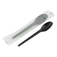 Basic Nature Black CPLA Plastic Spoon - Compostable Wrapper, Heat-Resistant - 6 1/2