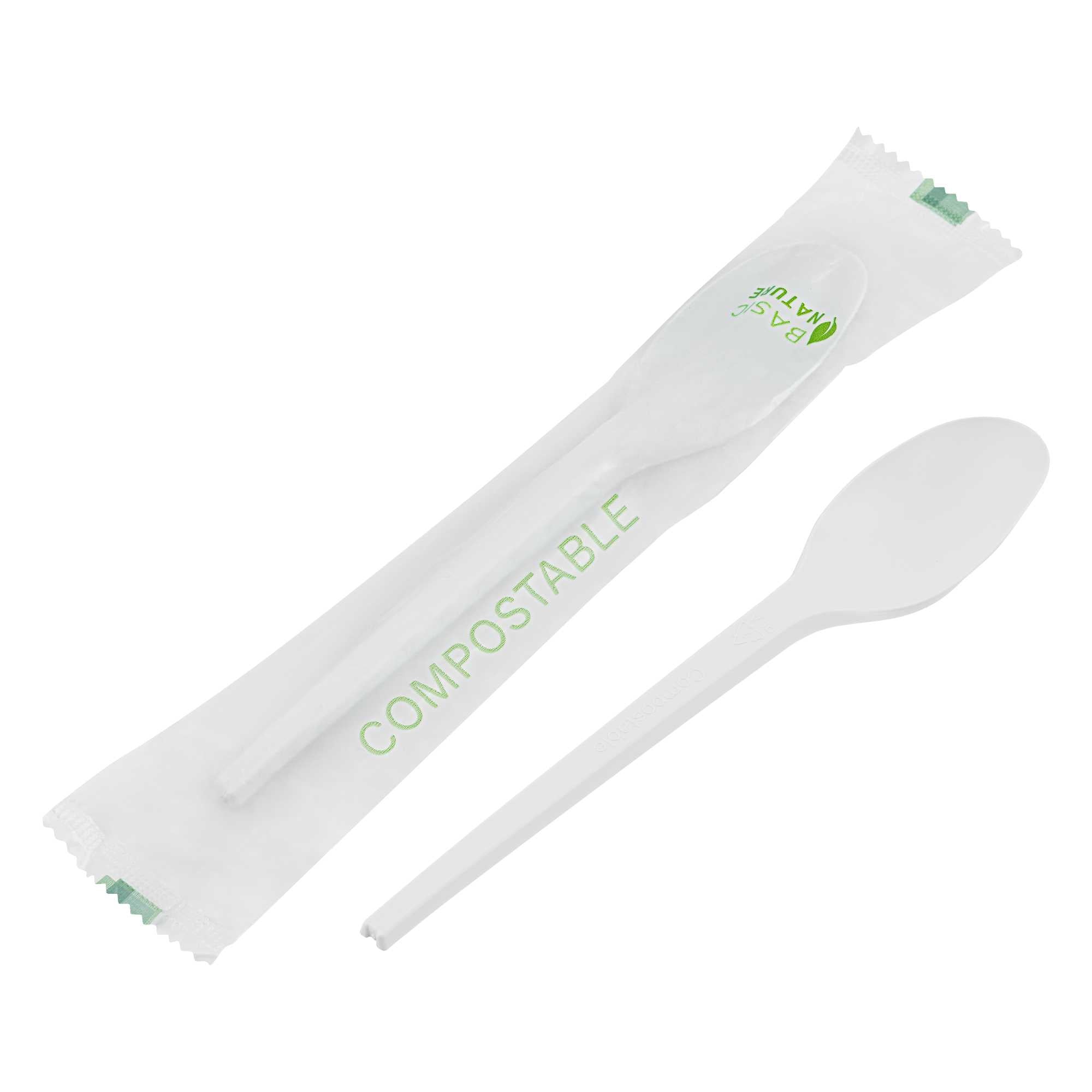 Basic Nature White CPLA Plastic Spoon - Compostable Wrapper, Heat-Resistant - 6 1/2" - 2000 count box