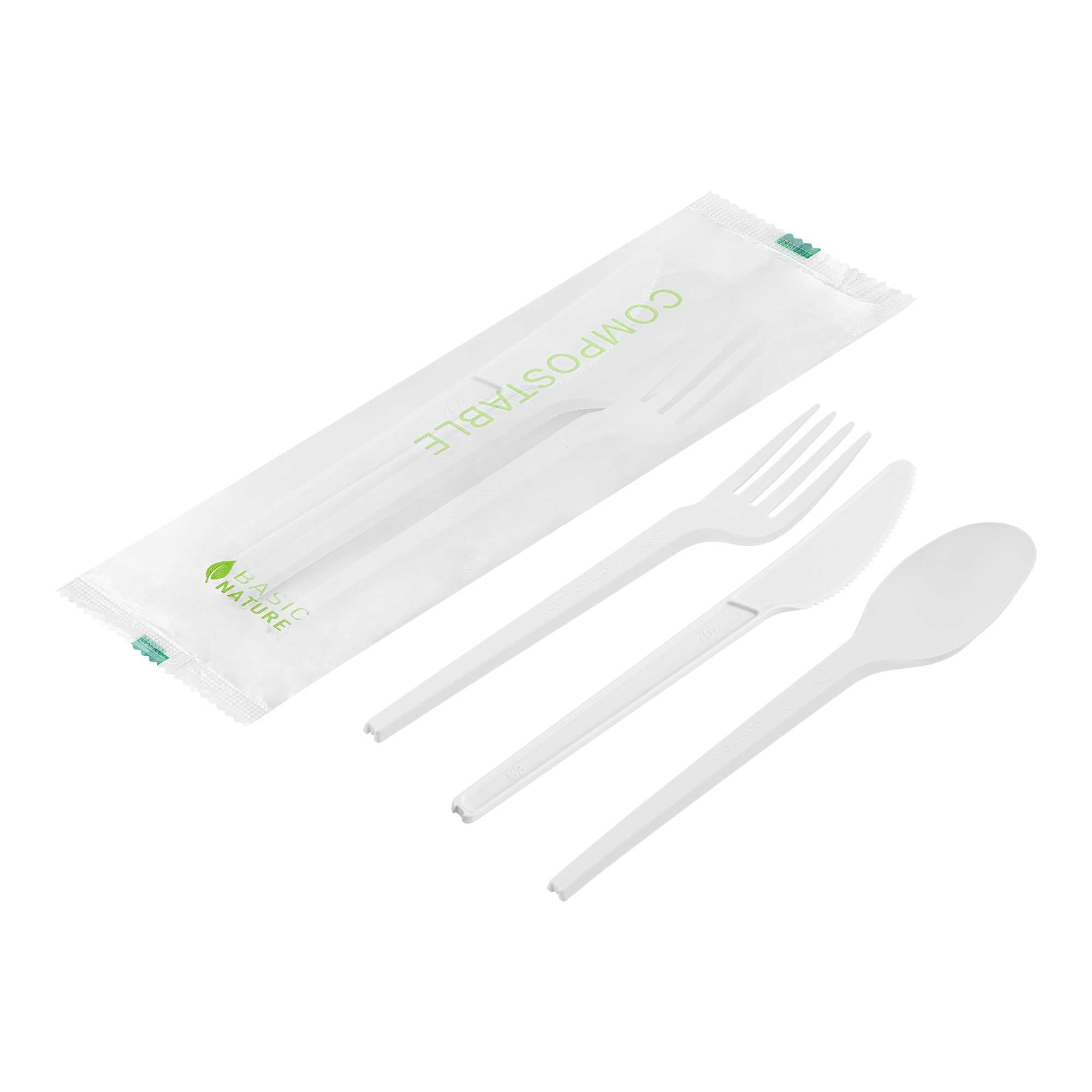 Basic Nature White CPLA Plastic Cutlery Set - Compostable Wrapper, Heat ...