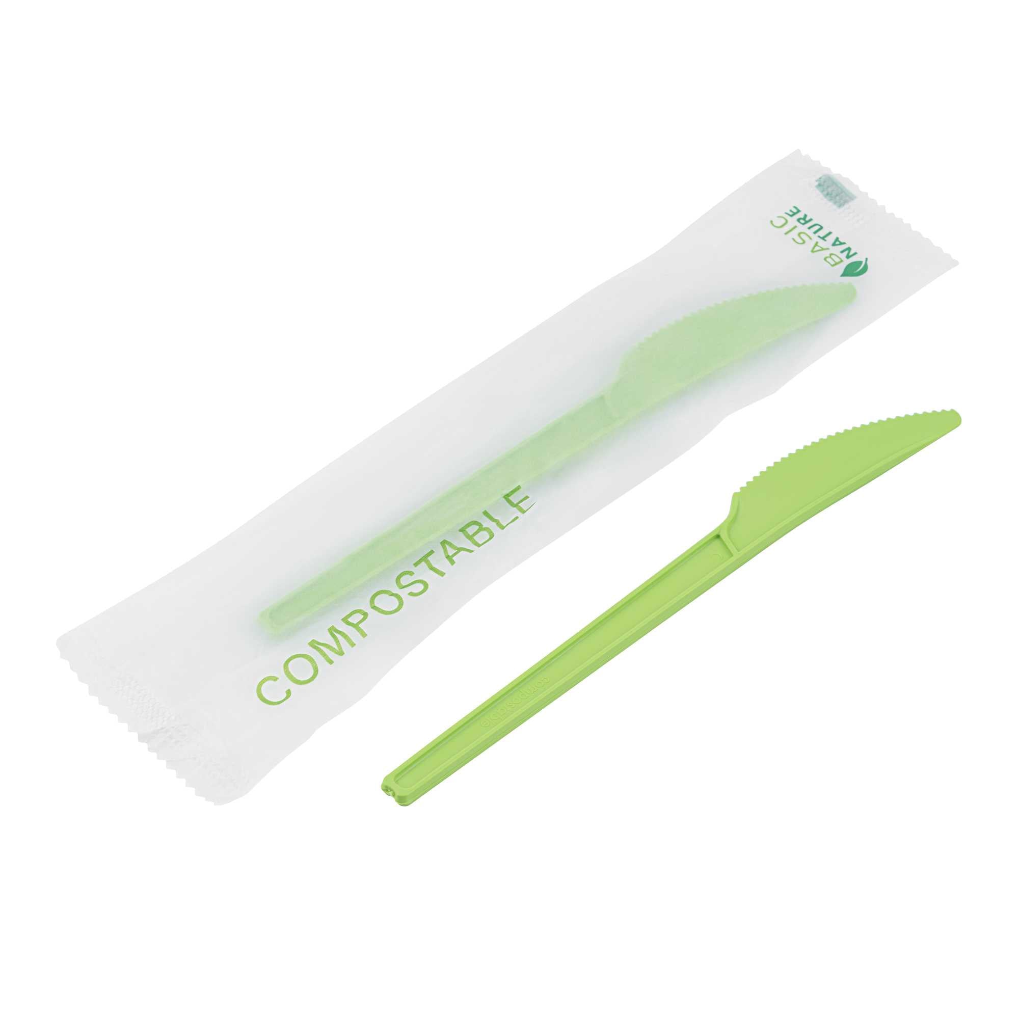 Basic Nature Green CPLA Plastic Knife - Compostable Wrapper, Heat-Resistant - 6 1/2" - 1000 count box