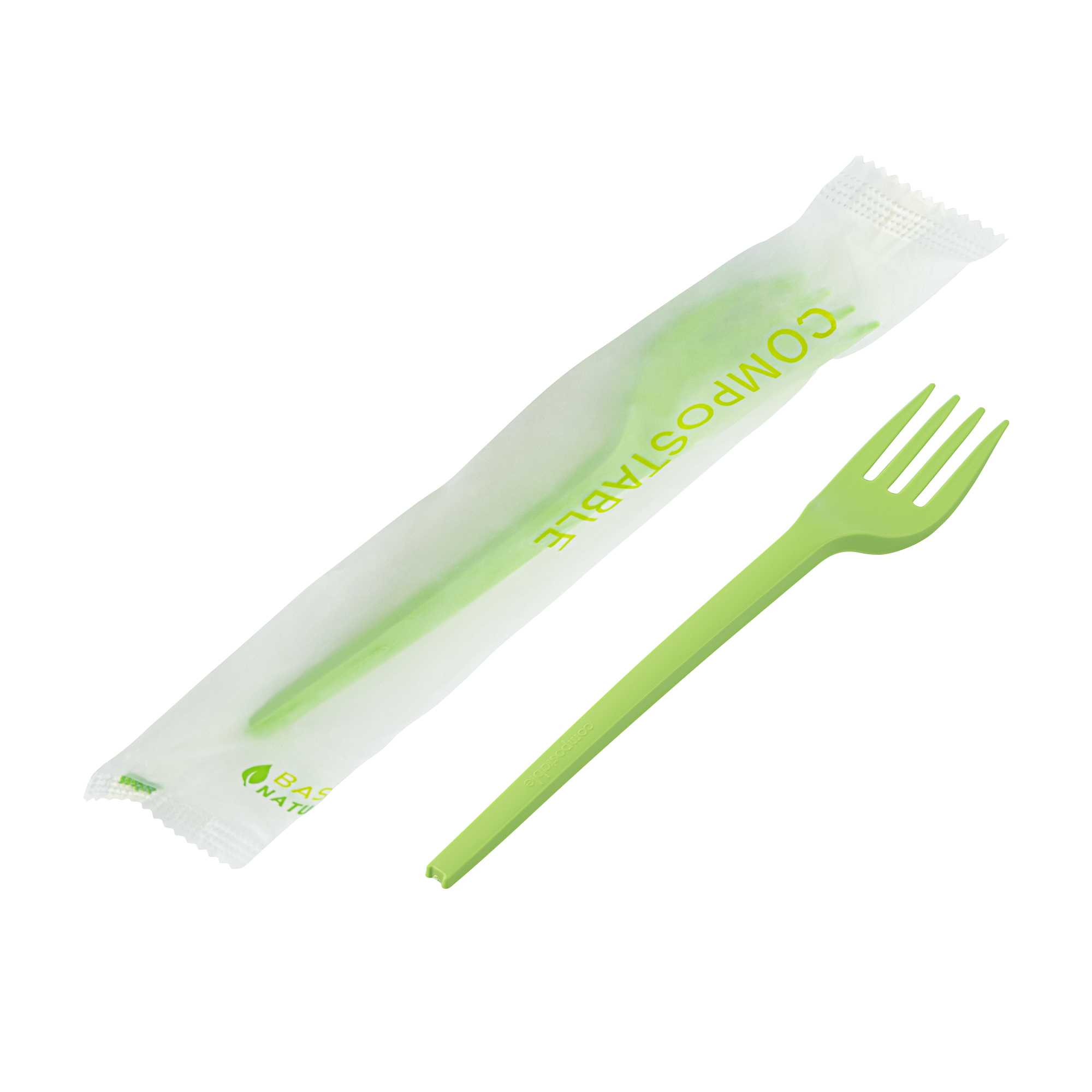 Basic Nature Green CPLA Plastic Fork - Compostable Wrapper, Heat-Resistant - 6 1/2" - 1000 count box