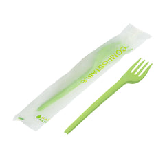 Basic Nature Green CPLA Plastic Fork - Compostable Wrapper, Heat-Resistant - 6 1/2