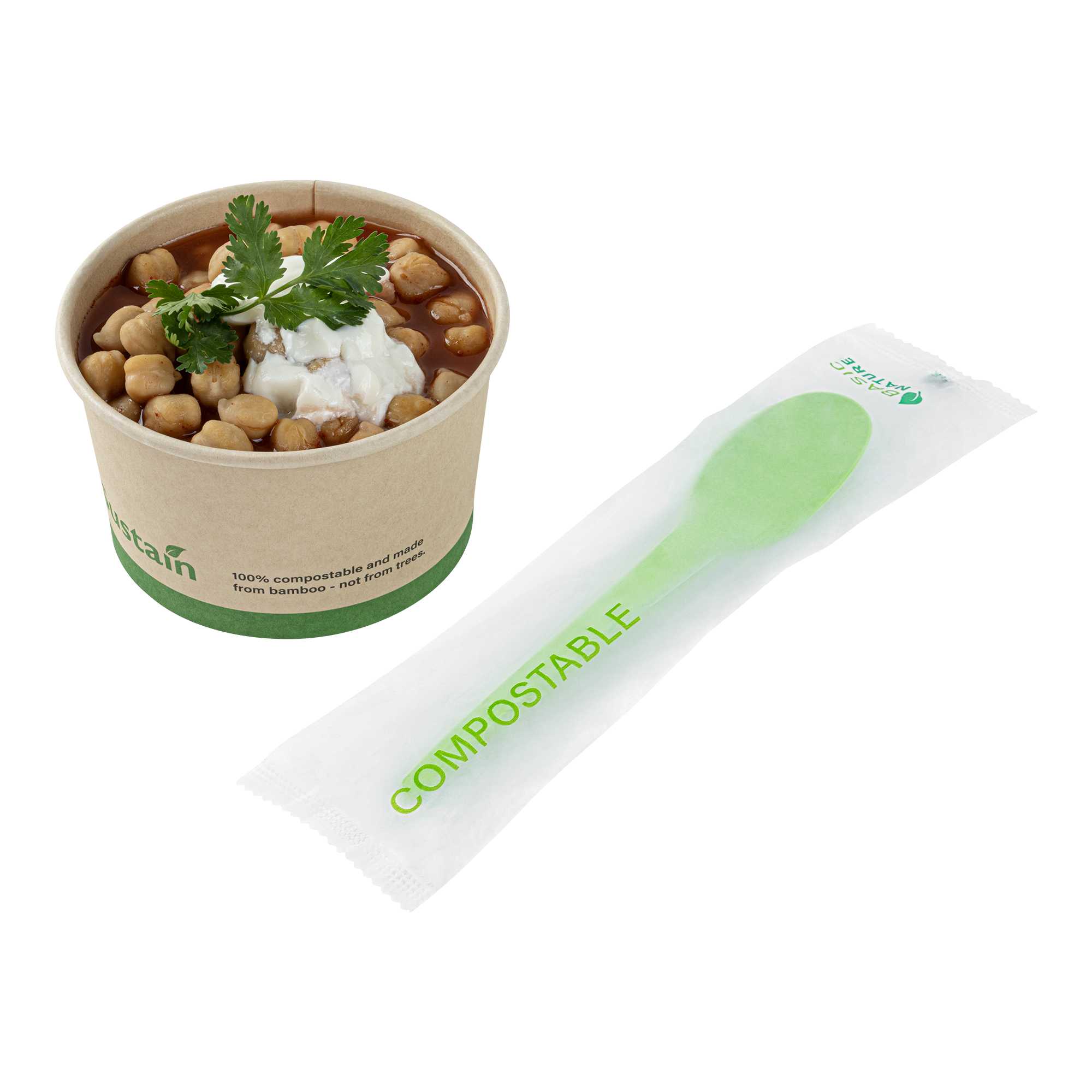 Basic Nature Green CPLA Plastic Spoon - Compostable Wrapper, Heat-Resistant - 6 1/2" - 1000 count box