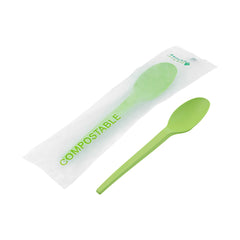 Basic Nature Green CPLA Plastic Spoon - Compostable Wrapper, Heat-Resistant - 6 1/2