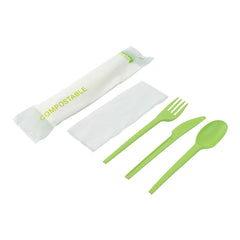 Basic Nature Green CPLA Plastic Cutlery Set - Compostable Wrapper, White Napkin, Heat-Resistant - 6 1/2