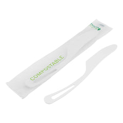 Basic Nature White CPLA Plastic Knife - Compostable Wrapper, Heat-Resistant - 7 1/2