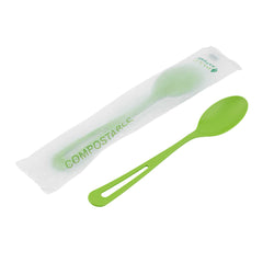 Basic Nature Green CPLA Plastic Spoon - Compostable Wrapper, Heat-Resistant - 7 1/2