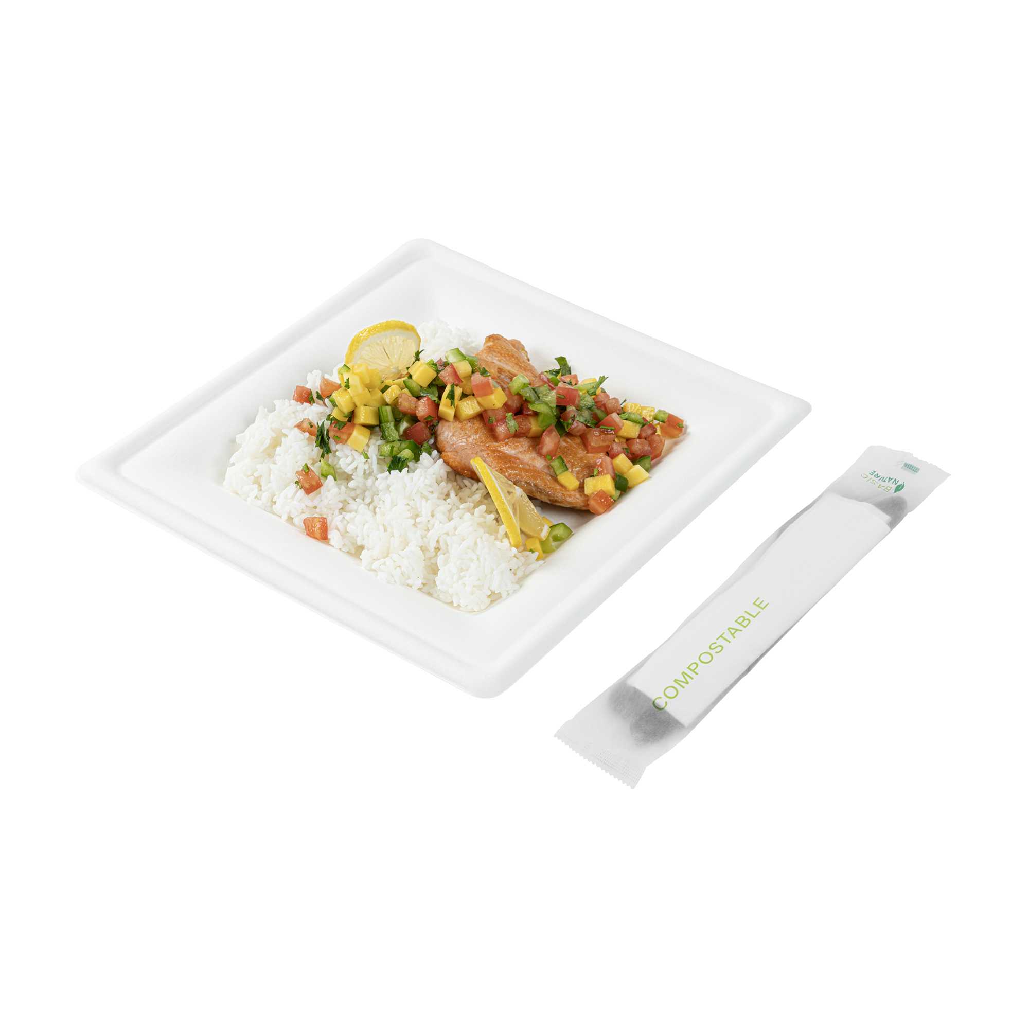 Basic Nature Black CPLA Plastic Cutlery Set - Compostable Wrapper, White Napkin, Heat-Resistant - 7 1/2" - 100 count box