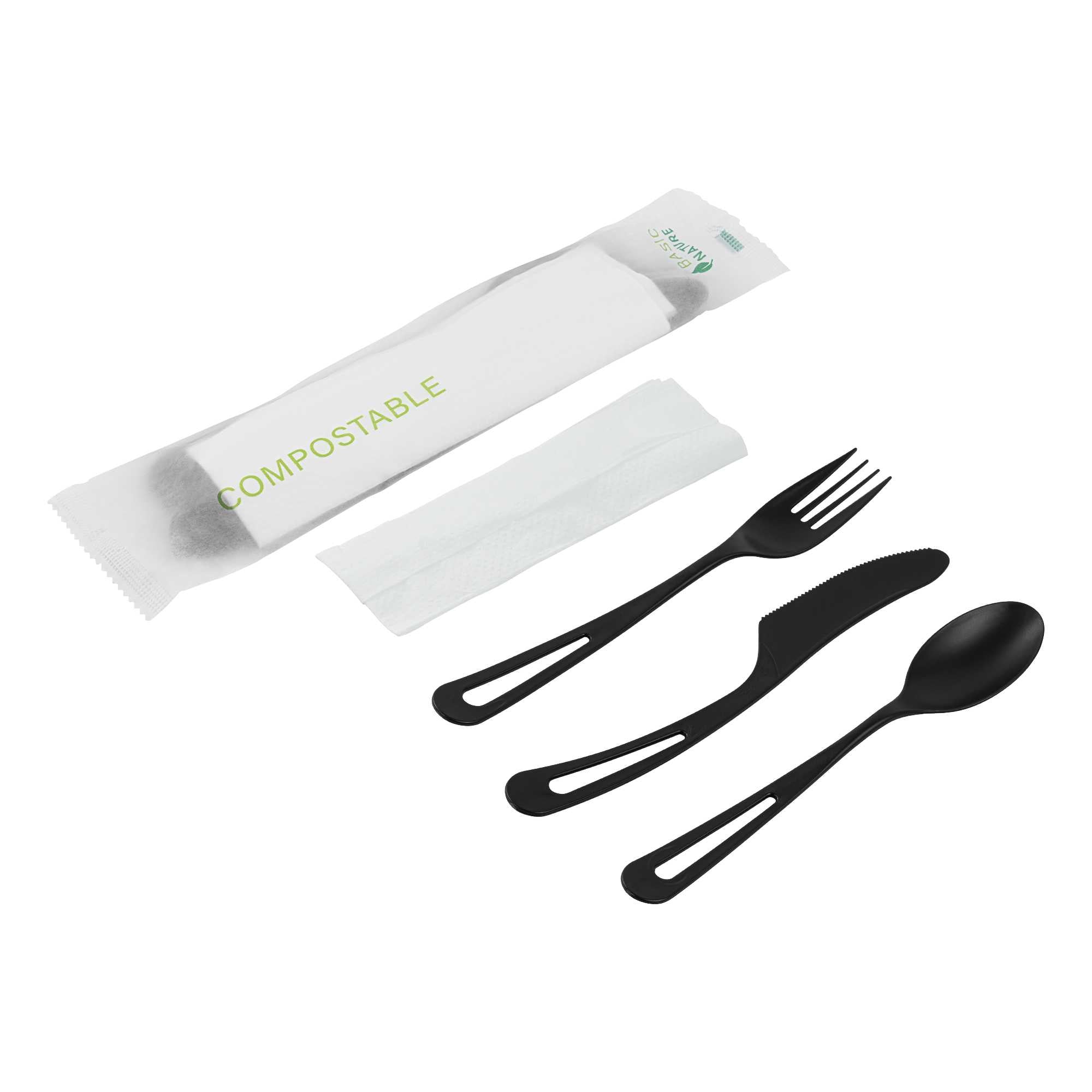 Basic Nature Black CPLA Plastic Cutlery Set - Compostable Wrapper, White Napkin, Heat-Resistant - 7 1/2" - 100 count box