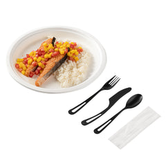 Basic Nature Black CPLA Plastic Cutlery Set - Compostable Wrapper, White Napkin, Heat-Resistant - 7 1/2