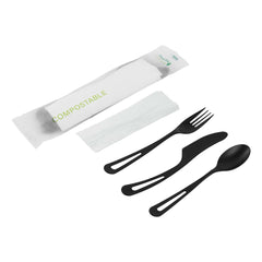 Basic Nature Black CPLA Plastic Cutlery Set - Compostable Wrapper, White Napkin, Heat-Resistant - 7 1/2