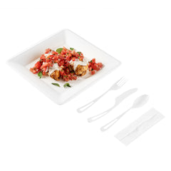 Basic Nature White CPLA Plastic Cutlery Set - Compostable Wrapper, White Napkin, Heat-Resistant - 7 1/2
