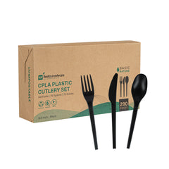 Basic Nature Black CPLA Plastic Cutlery Set - Heat-Resistant, Compostable - 6 1/2