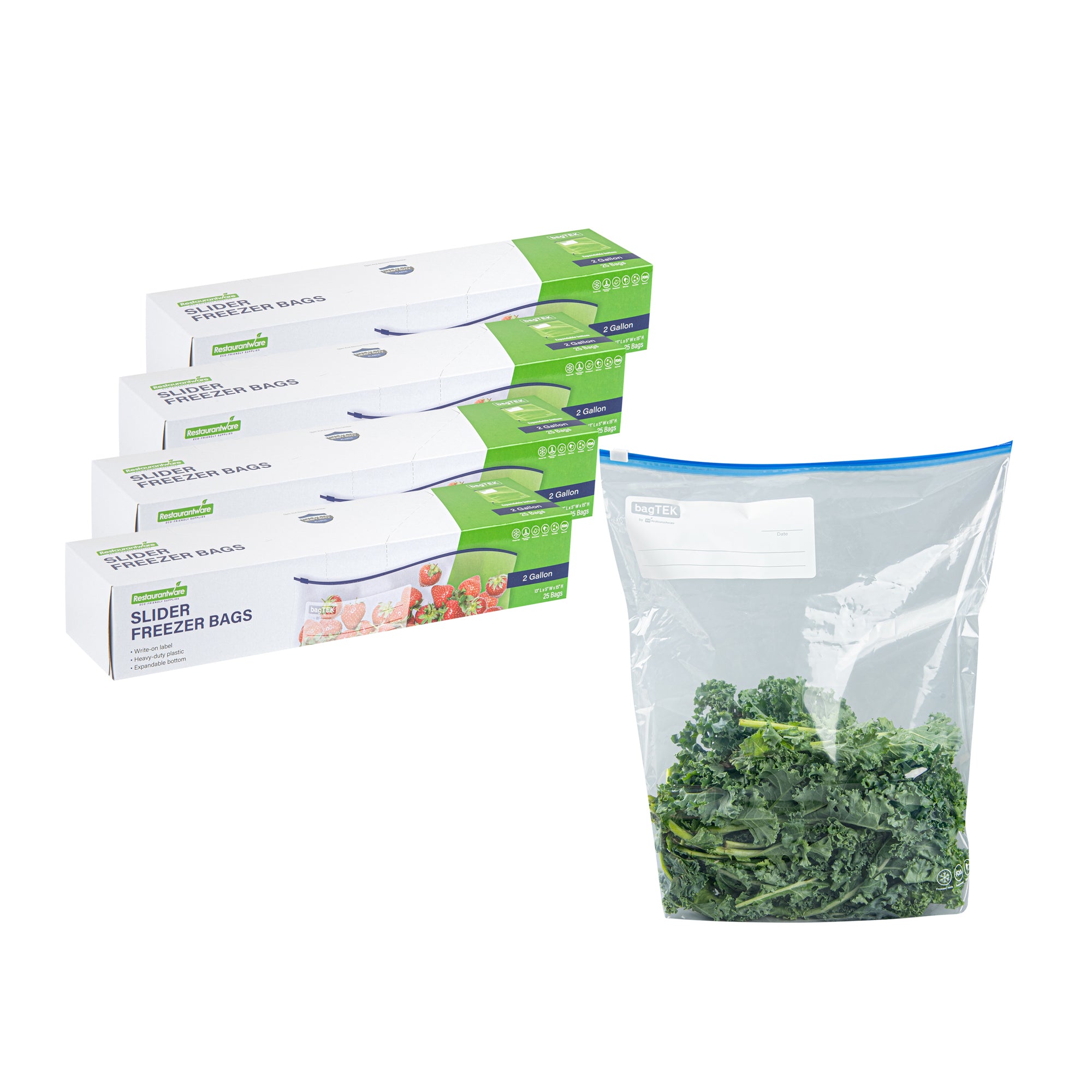 Bag Tek 2 gal Clear Plastic Slider Freezer Bag - Expandable Bottom, Write-On Label, BPA-Free - 13" x 5" x 15" - 25 count box