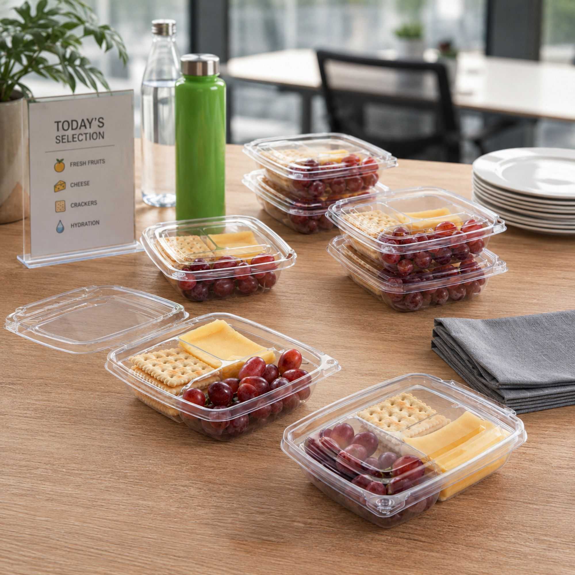 Tamper Tek 11 oz Rectangle Clear Plastic Container - with Lid, Tamper-Evident, 3 Compartments - 7" x 5 1/2" x 1 1/2" - 100 count box