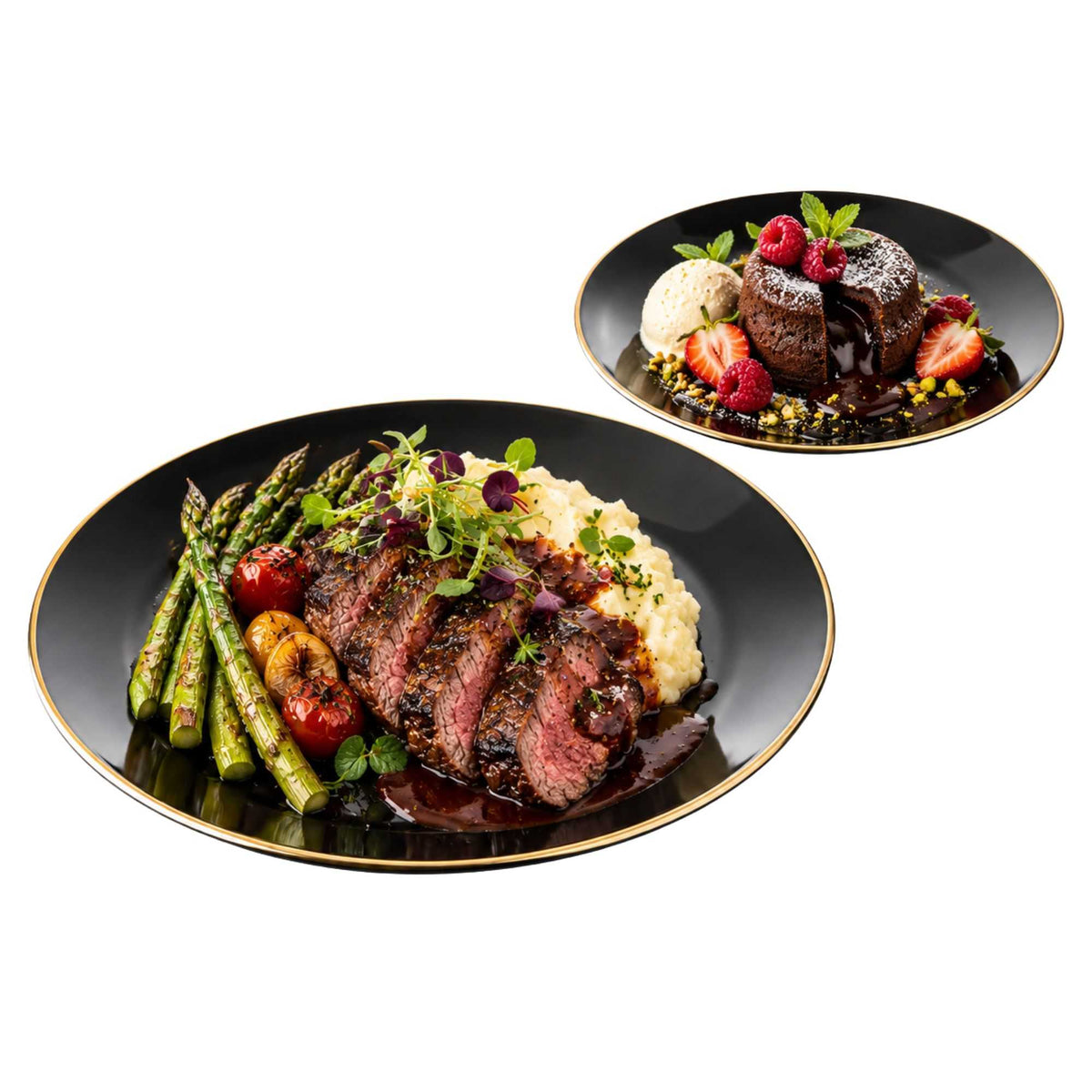 Moderna Round Black Plastic Gold-Rimmed Plate Set - Includes 7" and 10" Plate Sets - 40 count box