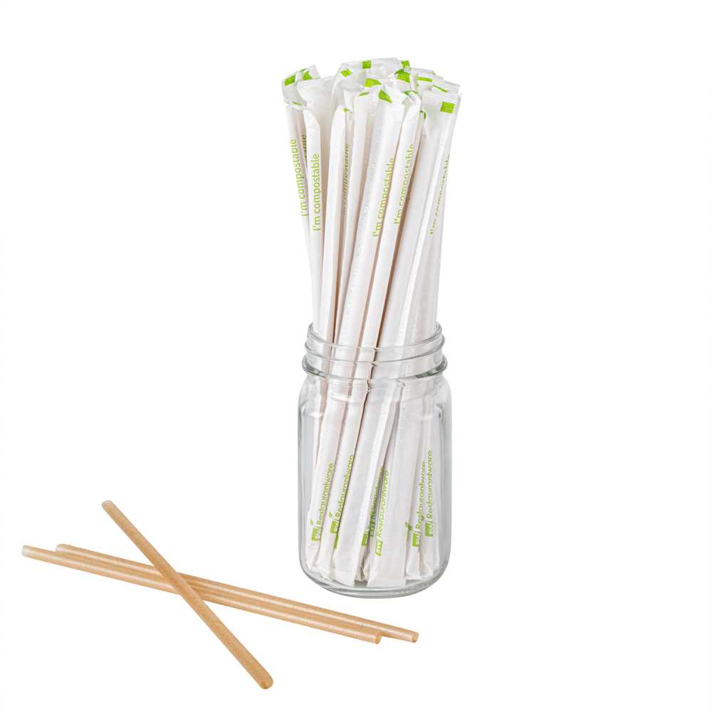 Basic Nature Brown PLA Plastic / Sugarcane Straw - Wrapped, Compostable - 8 1/4" - 4000 count box