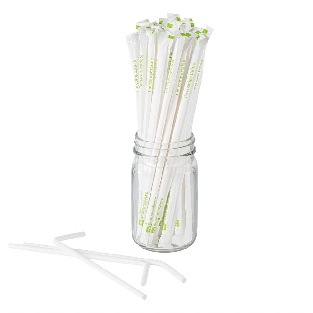 Basic Nature White PLA / PBAT Plastic Straw - Wrapped, Flexible, Compostable - 8 1/4" - 4000 count box