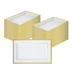 Moderna Rectangle White Plastic Gold-Rimmed Plate - 11 1/2