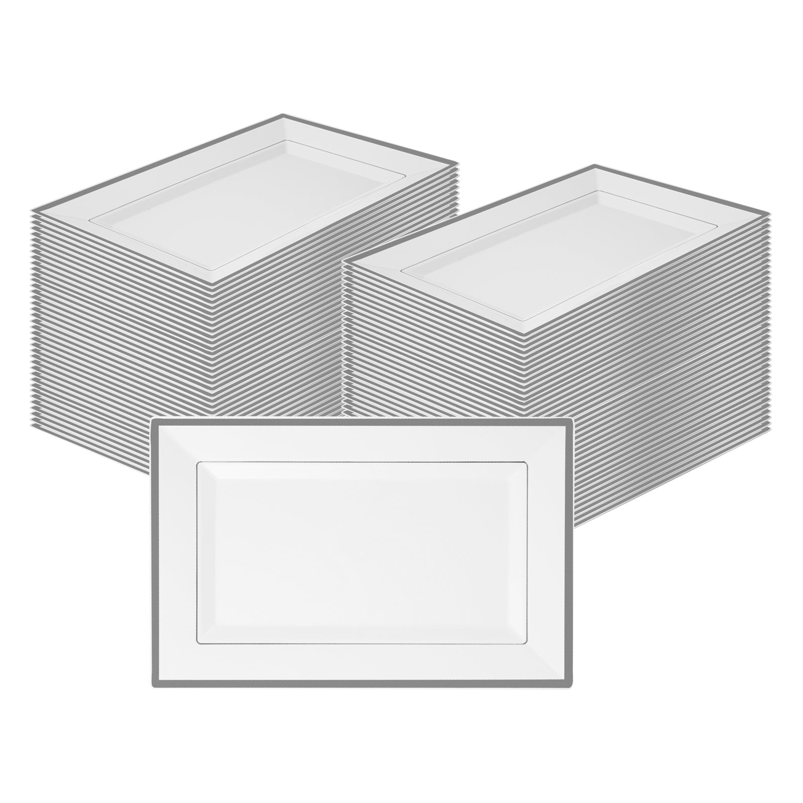 Moderna Rectangle White Plastic Silver-Rimmed Plate - 12 3/4" x 8 1/4 ...