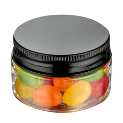 Chef 101 1 oz Round Clear Plastic Candy and Snack Jar - with Black Aluminum Lid - 2