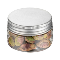 RW Base 1 oz Round Clear Plastic Candy and Snack Jar - with Silver Aluminum Lid - 2